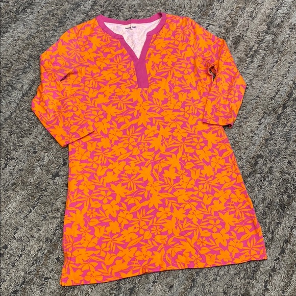 Lands' End Pink orange leaf tropical print 3/4 sleeve notch neck dress sz medium - Picture 12 of 12